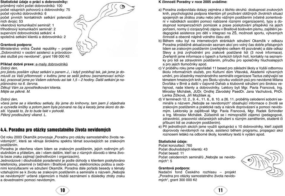 Ministerstvo vnitra âeské republiky projekt Dobrovolníci v osobní asistenci a prûvodcovské sluïbû pro nevidomé, grant 199 000 Kã Pfiíklad dobré praxe: e-maily dobrovolníkû Dobr den, pro jistotu