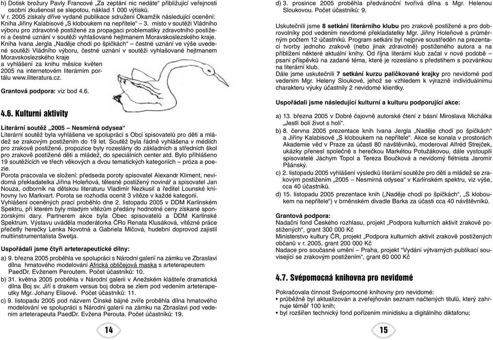 místo v soutûïi Vládního v boru pro zdravotnû postiïené za propagaci problematiky zdravotního postiïení a ãestné uznání v soutûïi vyhla ované hejtmanem Moravskoslezského kraje.