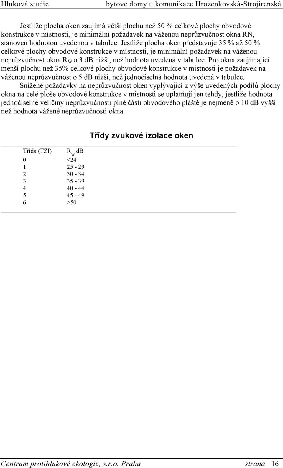 Pro okna zaujímající menší plochu než 35% celkové plochy obvodové konstrukce v místnosti je požadavek na váženou neprůzvučnost o 5 db nižší, než jednočíselná hodnota uvedená v tabulce.