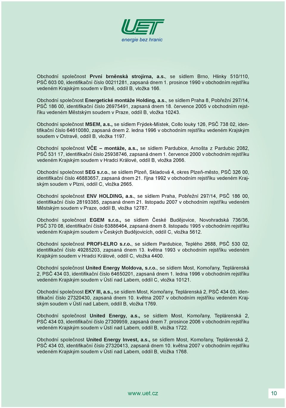 července 2005 v obchodním rejstříku vedeném Městským soudem v Praze, oddíl B, vložka 10243. Obchodní společnost MSEM, a.s., se sídlem Frýdek-Místek, Collo louky 126, PSČ 738 02, identifi kační číslo 64610080, zapsaná dnem 2.