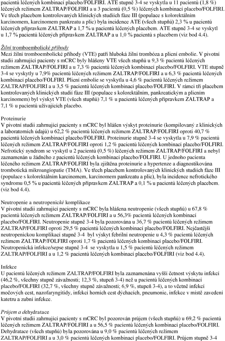 ZALTRAP a 1,7 % u pacientů léčených placebem. ATE stupně 3-4 se vyskytl u 1,7 % pacientů léčených přípravkem ZALTRAP a u 1,0 % pacientů s placebem (viz bod 4.4).
