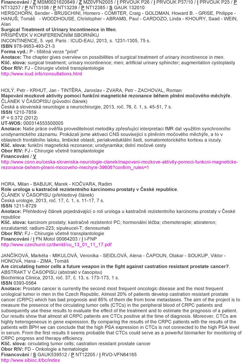 - GRISE, Philippe - HANUŠ, Tomáš - WOODHOUSE, Christopher - ABRAMS, Paul - CARDOZO, Linda - KHOURY, Saad - WEIN, Alan Surgical Treatment of Urinary Incontinence in Men.