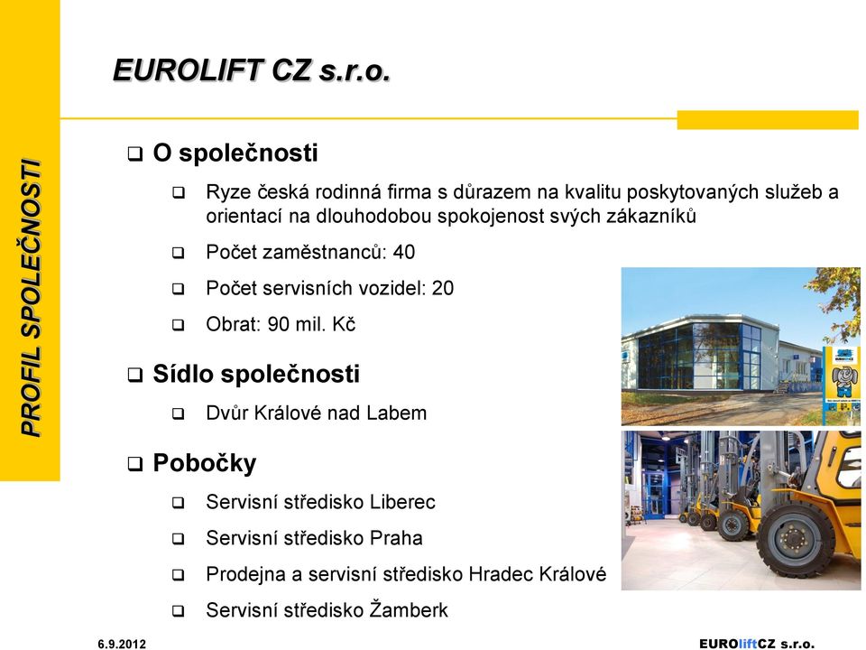 dlouhodobou spokojenost svých zákazníků Počet zaměstnanců: 40 Počet servisních vozidel: 20 Obrat: 90