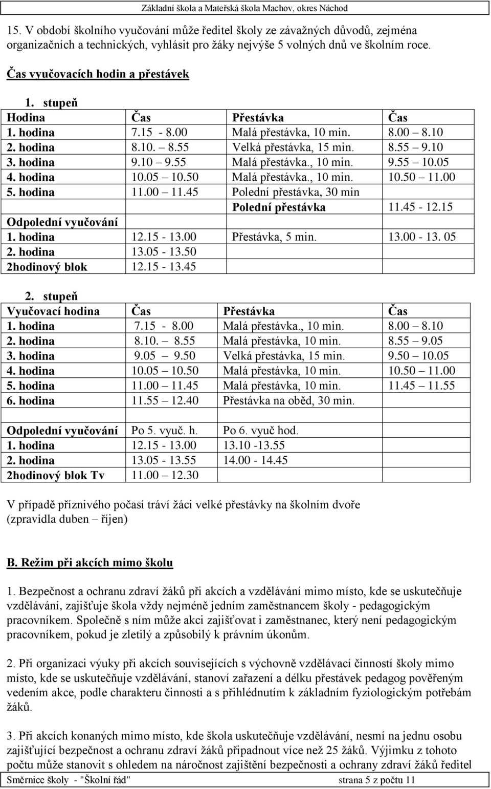 55 Malá přestávka., 10 min. 9.55 10.05 4. hodina 10.05 10.50 Malá přestávka., 10 min. 10.50 11.00 5. hodina 11.00 11.45 Polední přestávka, 30 min Polední přestávka 11.45-12.15 Odpolední vyučování 1.