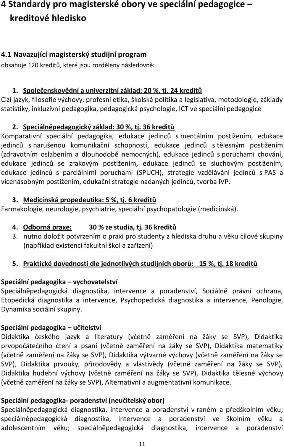 24 kreditů Cizí jazyk, filosofie výchovy, profesní etika, školská politika a legislativa, metodologie, základy statistiky, inkluzivní pedagogika, pedagogická psychologie, ICT ve speciální pedagogice