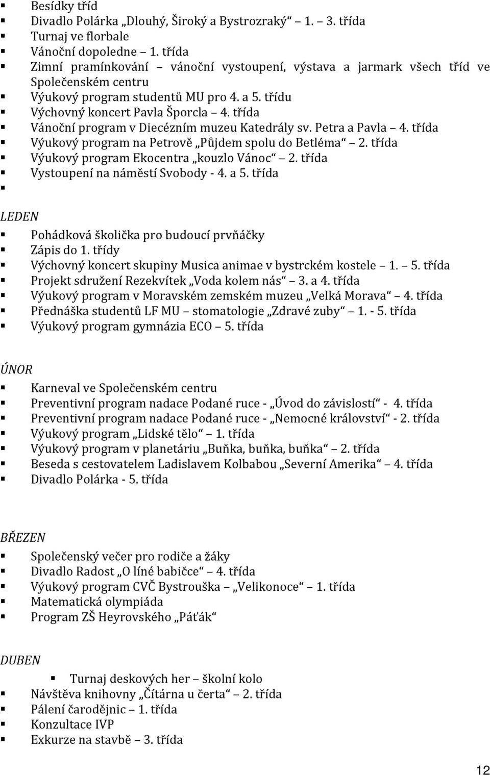 třída Vánoční program v Diecézním muzeu Katedrály sv. Petra a Pavla 4. třída Výukový program na Petrově Půjdem spolu do Betléma 2. třída Výukový program Ekocentra kouzlo Vánoc 2.