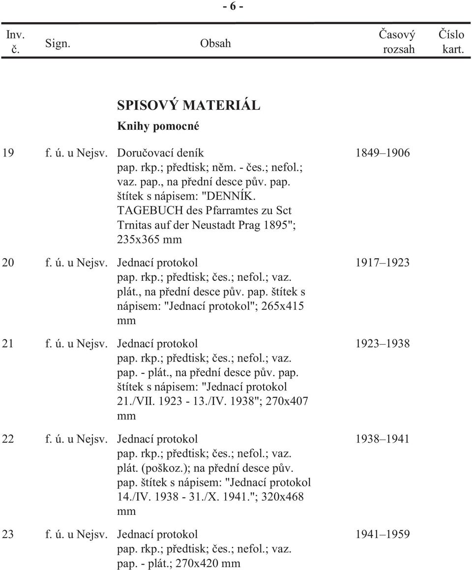 ú. u Nejsv. Jednací protokol pap. rkp.; p edtisk; es.; nefol.; vaz. pap. - plát., na p ední desce p v. pap. štítek s nápisem: "Jednací protokol 21./VII. 1923-13./IV. 1938"; 270x407 mm 1923 1938 22 f.