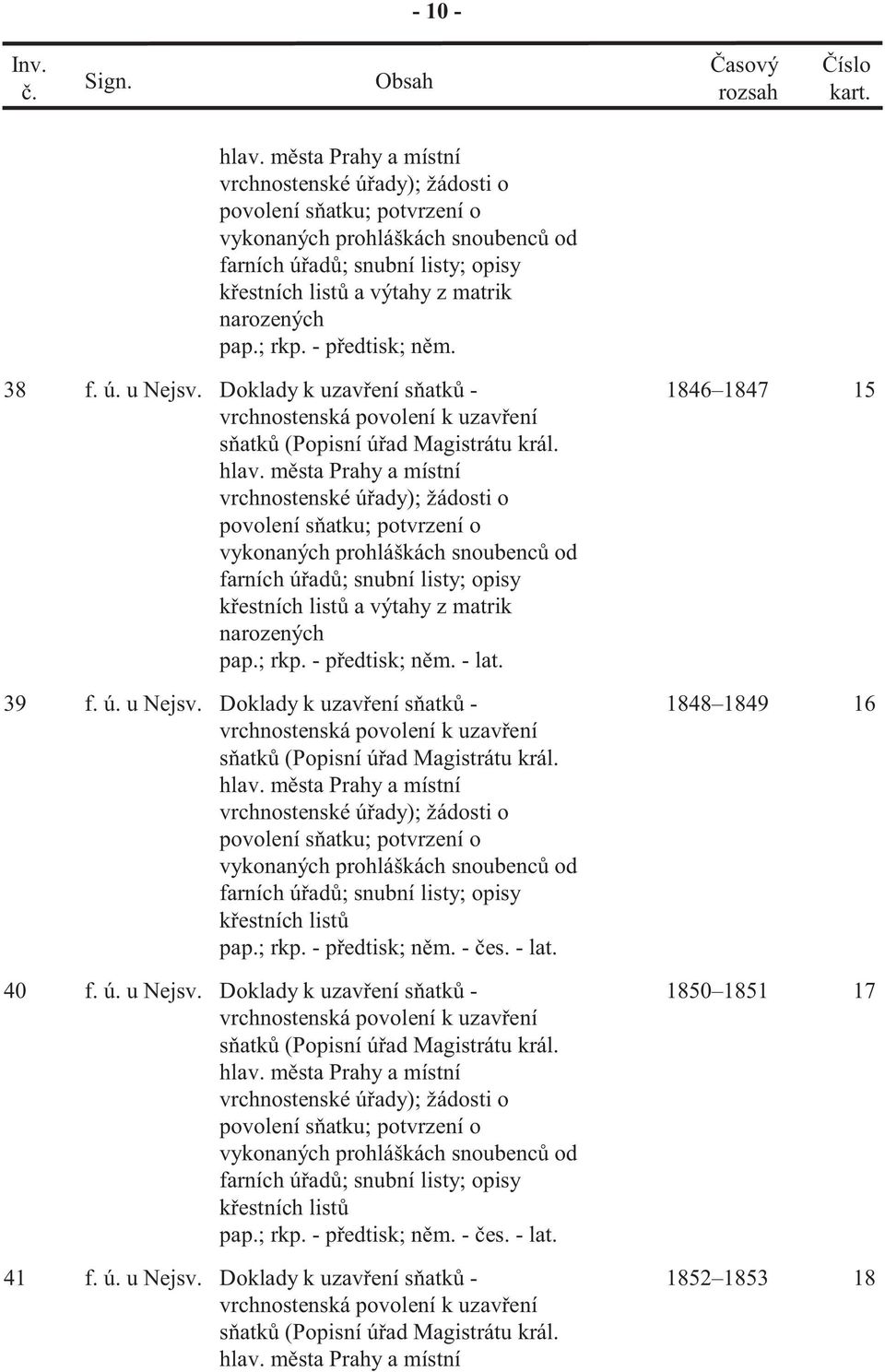 ú. u Nejsv. Doklady k uzav ení s atk - k estních list pap.; rkp. - p edtisk; n m. - es. - lat. 1848 1849 16 40 f. ú. u Nejsv. Doklady k uzav ení s atk - k estních list pap.; rkp. - p edtisk; n m. - es. - lat. 1850 1851 17 41 f.