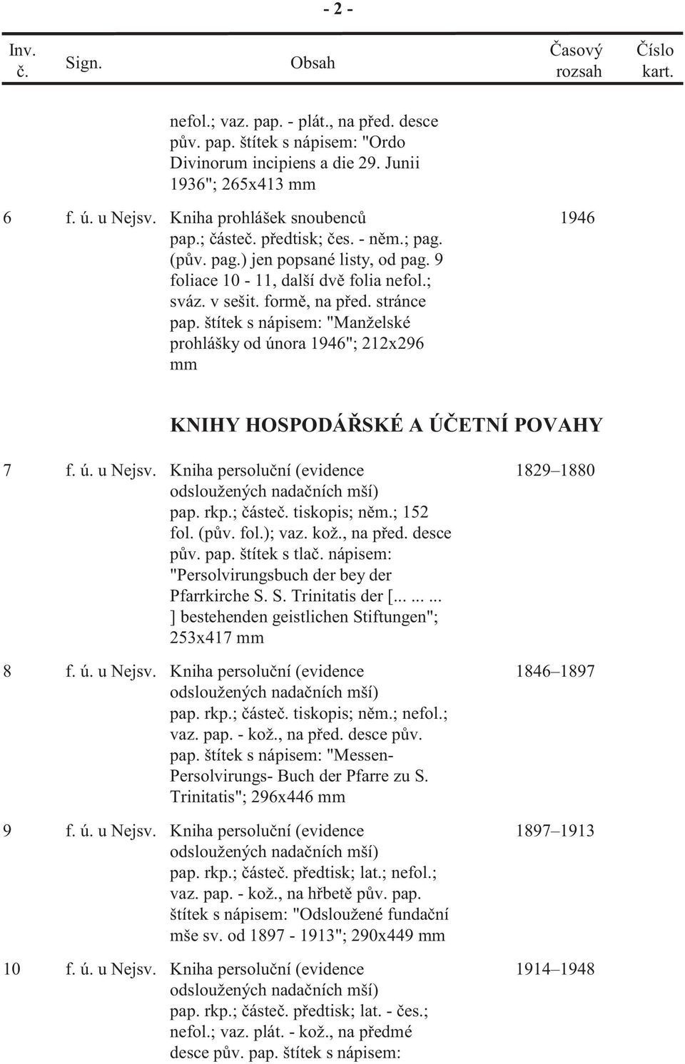 štítek s nápisem: "Manželské prohlášky od února 1946"; 212x296 mm KNIHY HOSPODÁ SKÉ A Ú ETNÍ POVAHY 7 f. ú. u Nejsv. Kniha persolu ní (evidence odsloužených nada ních mší) pap. rkp.