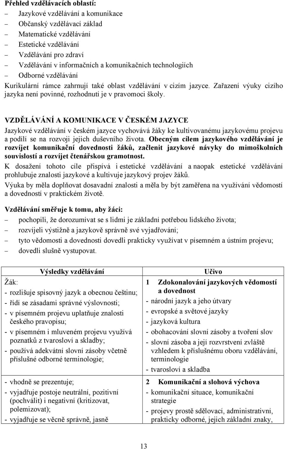 VZDĚLÁVÁNÍ A KOMUNIKACE V ČESKÉM JAZYCE Jazykové vzdělávání v českém jazyce vychovává žáky ke kultivovanému jazykovému projevu a podílí se na rozvoji jejich duševního života.