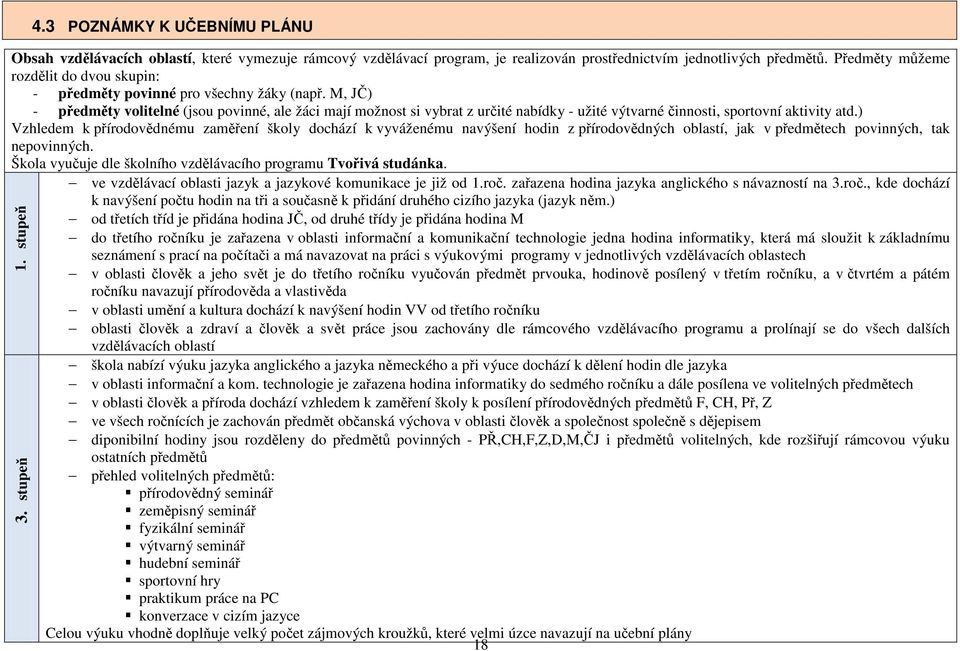 M, JČ) - předměty volitelné (jsou povinné, ale žáci mají možnost si vybrat z určité nabídky - užité výtvarné činnosti, sportovní aktivity atd.