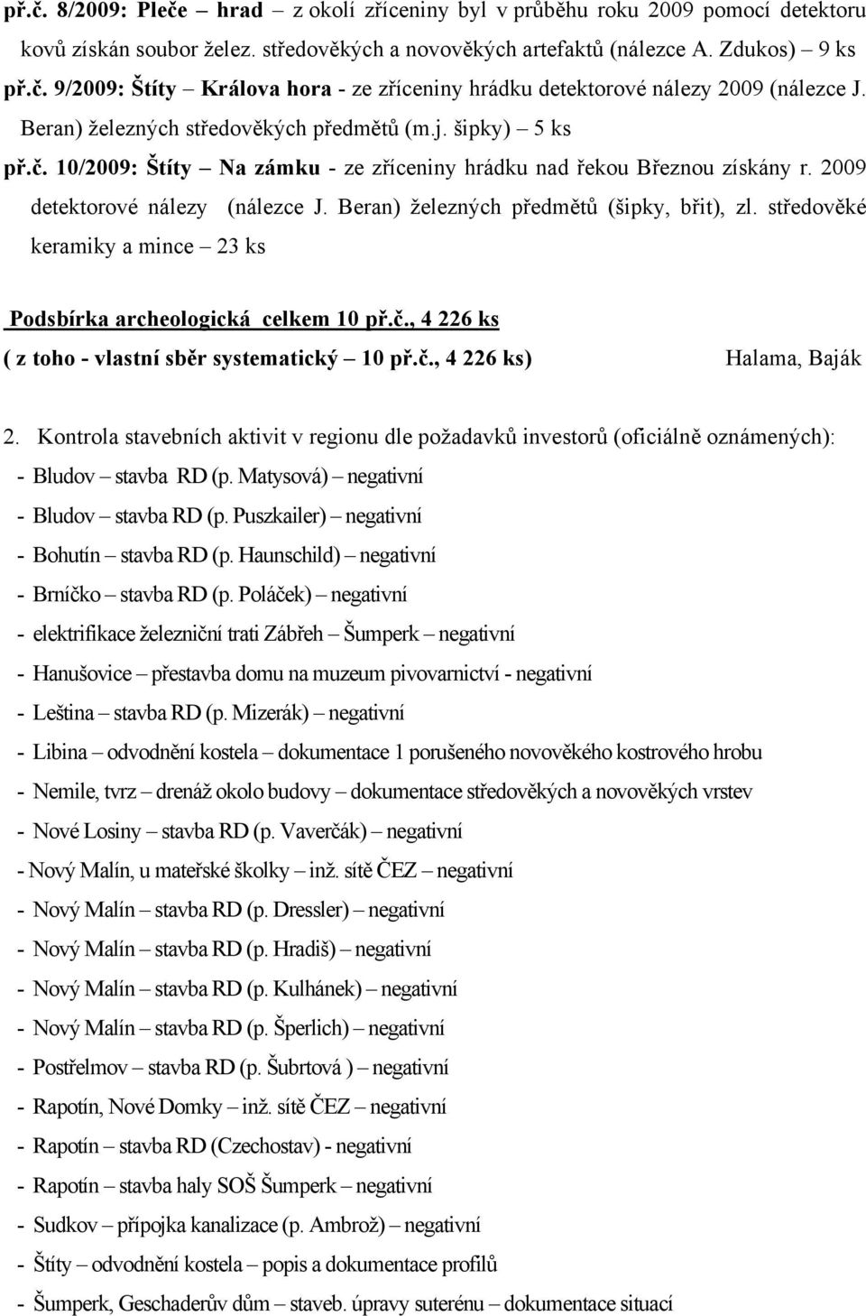 Beran) železných předmětů (šipky, břit), zl. středověké keramiky a mince 23 ks Podsbírka archeologická celkem 10 př.č., 4 226 ks ( z toho - vlastní sběr systematický 10 př.č., 4 226 ks) Halama, Baják 2.