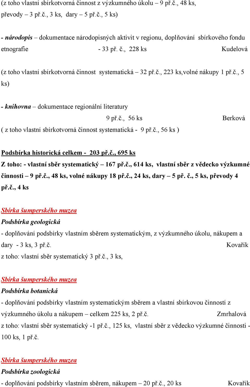 č., 56 ks ) Podsbírka historická celkem - 203 př.č., 695 ks Z toho: - vlastní sběr systematický 167 př.č., 614 ks, vlastní sběr z vědecko výzkumné činnosti 9 př.č., 48 ks, volné nákupy 18 př.č., 24 ks, dary 5 př.