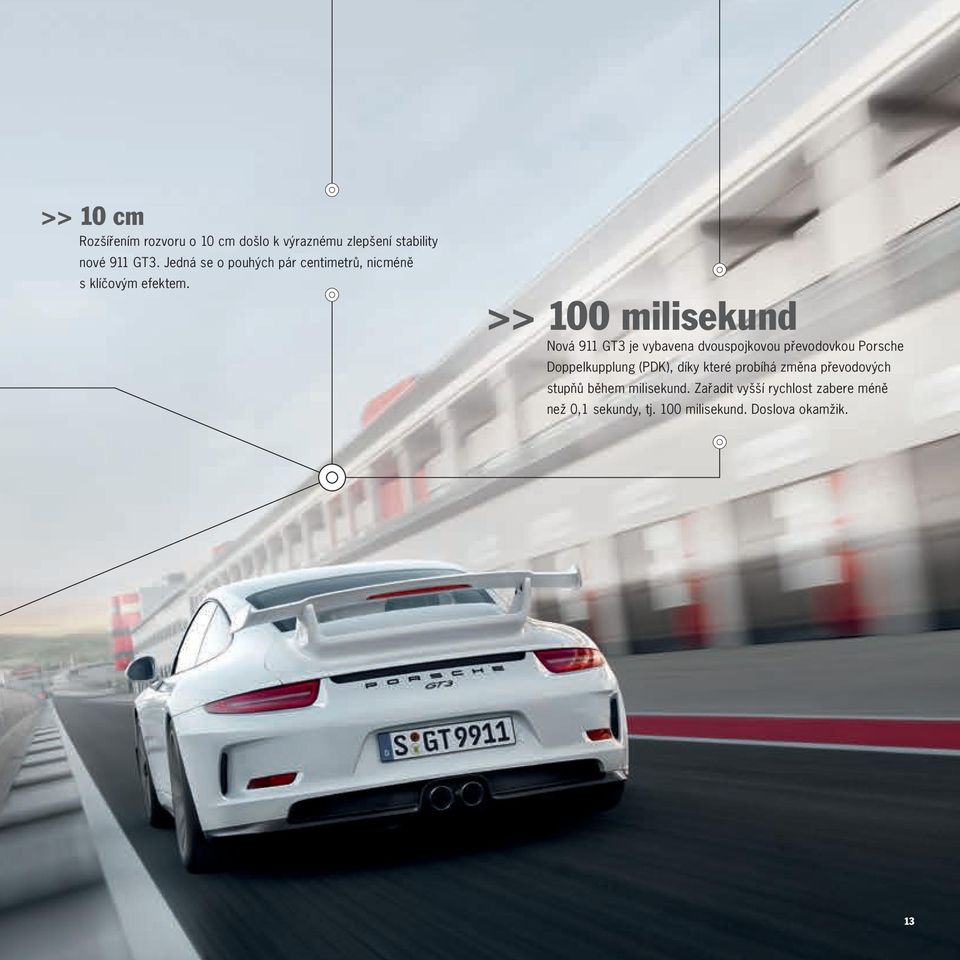 >> 100 milisekund Nová 911 GT3 je vybavena dvouspojkovou převodovkou Porsche Doppelkupplung (PDK),