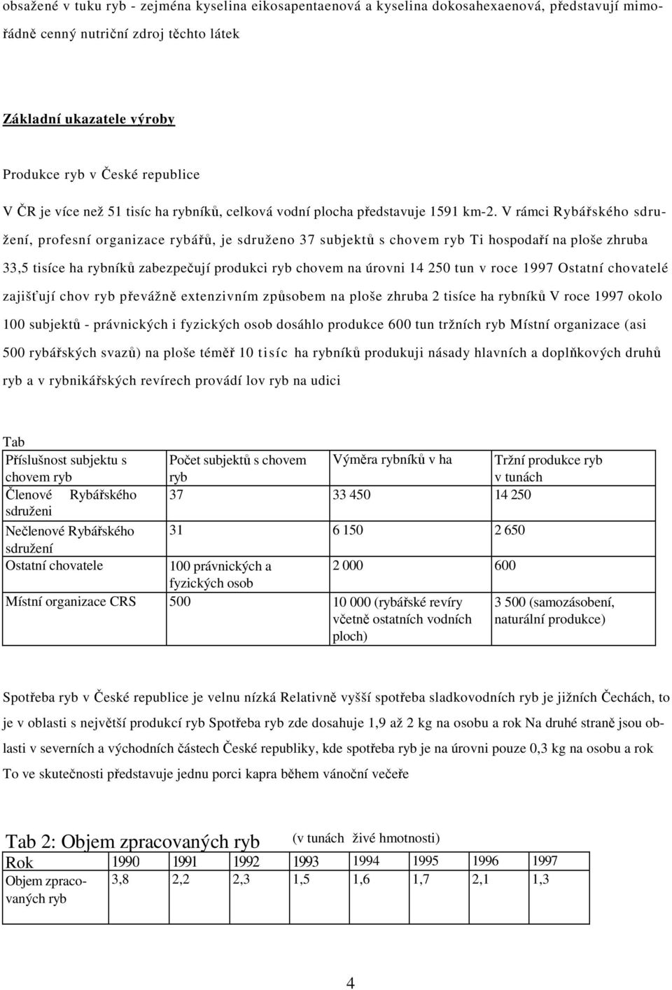 V rámci Rybářského sdružení, profesní organizace rybářů, je sdruženo 37 subjektů s chovem ryb Ti hospodaří na ploše zhruba 33,5 tisíce ha rybníků zabezpečují produkci ryb chovem na úrovni 14 250 tun