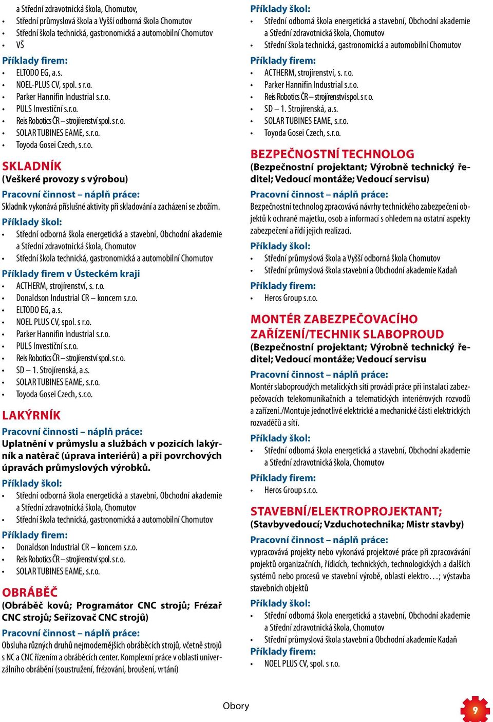 Příklady škol: Střední odborná škola energetická a stavební, Obchodní akademie a Střední zdravotnická škola, Chomutov Střední škola technická, gastronomická a automobilní Chomutov Příklady firem v