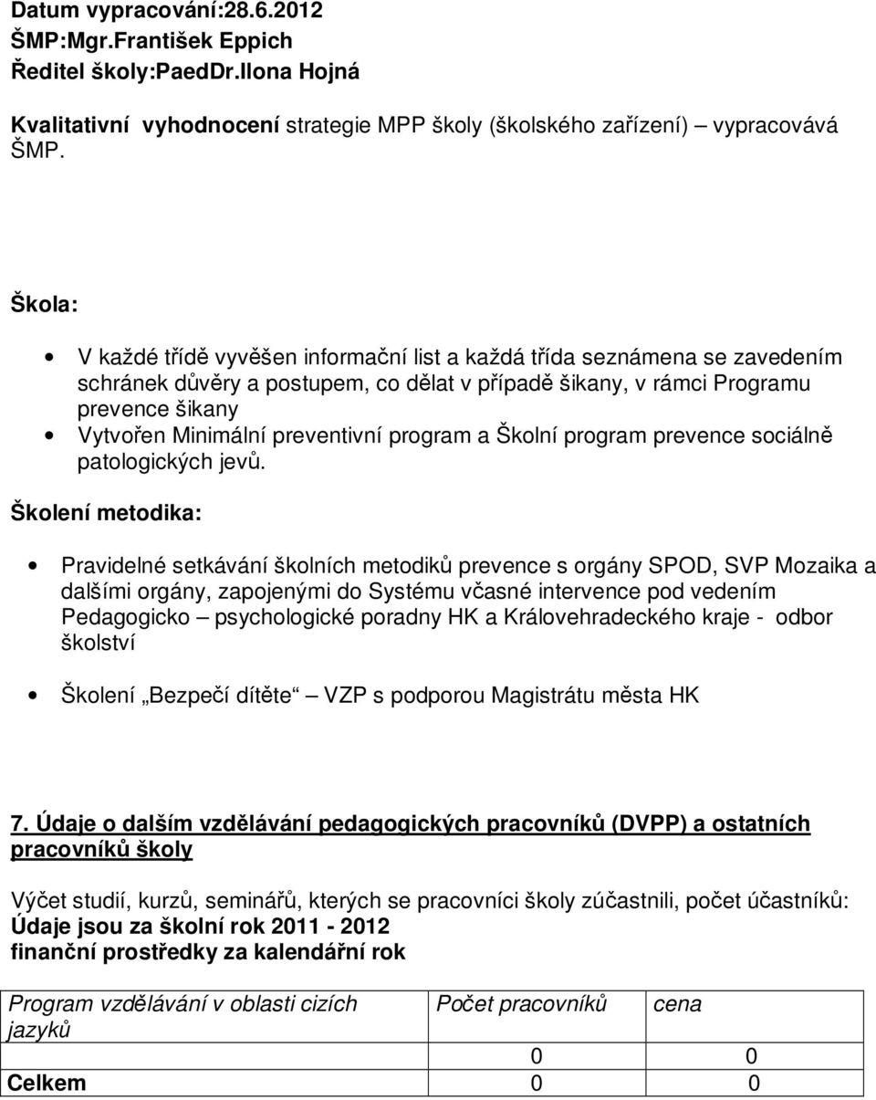 preventivní program a Školní program prevence sociálně patologických jevů.