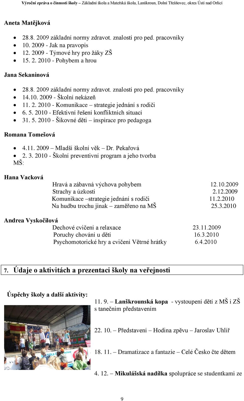 Pekařová 2. 3. 2010 - Školní preventivní program a jeho tvorba MŠ: Hana Vacková Hravá a zábavná výchova pohybem 12.10.2009 Strachy a úzkosti 2.12.2009 Komunikace strategie jednání s rodiči 11.2.2010 Na hudbu trochu jinak zaměřeno na MŠ 25.