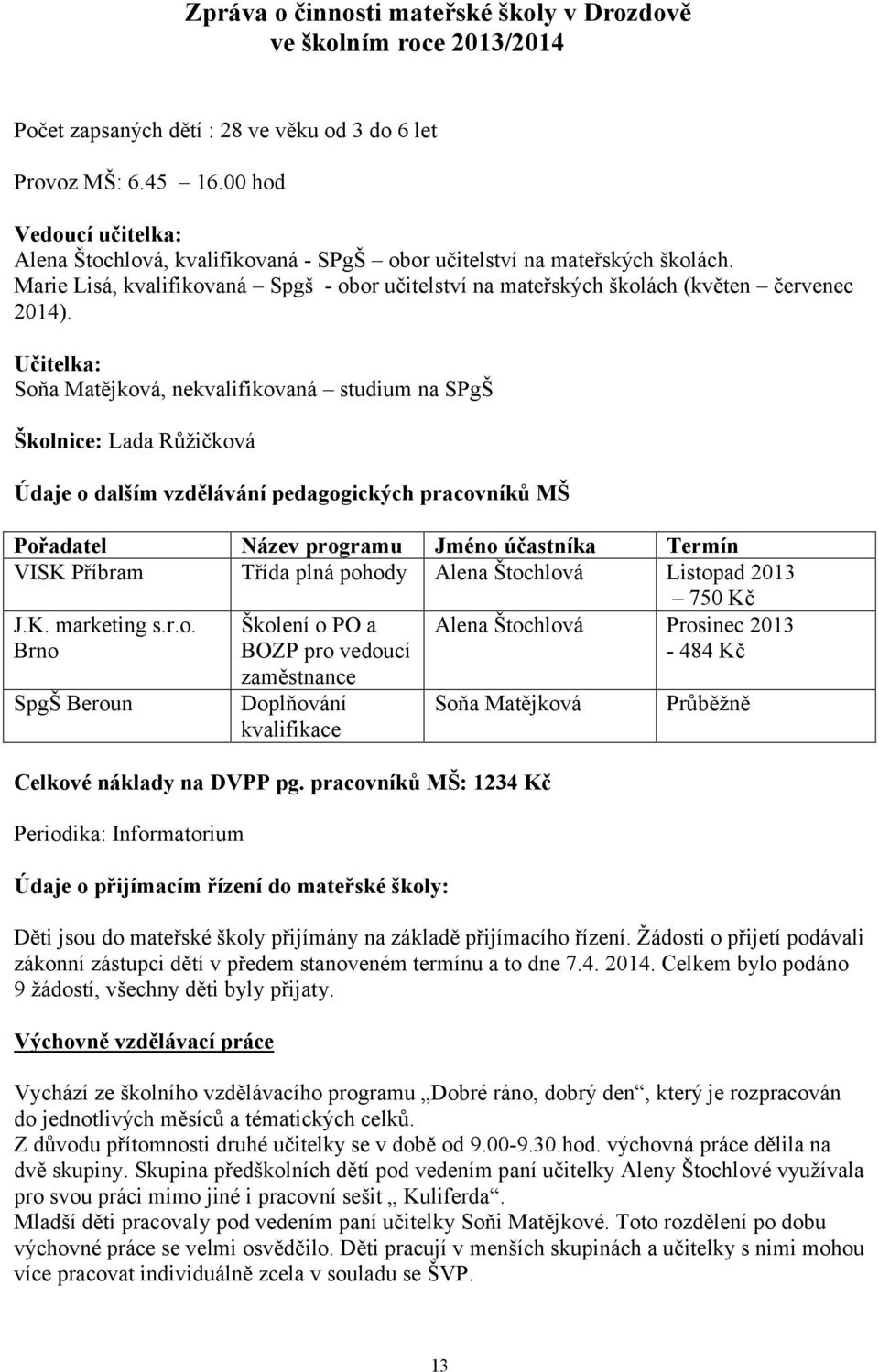 Učitelka: Soňa Matějková, nekvalifikovaná studium na SPgŠ Školnice: Lada Růžičková Údaje o dalším vzdělávání pedagogických pracovníků MŠ Pořadatel Název programu Jméno účastníka Termín VISK Příbram