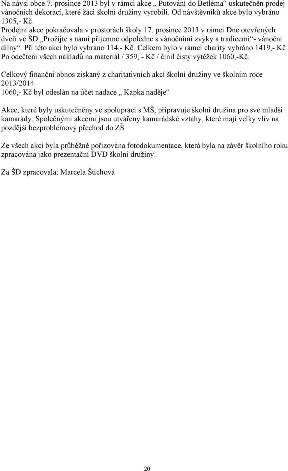 Při této akci bylo vybráno 114,- Kč. Celkem bylo v rámci charity vybráno 1419,- Kč Po odečtení všech nákladů na materiál / 359, - Kč / činil čistý výtěžek 1060,-Kč.