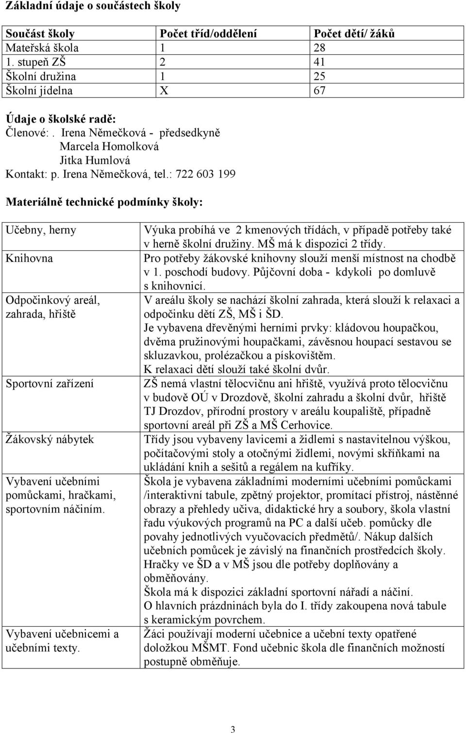 : 722 603 199 Materiálně technické podmínky školy: Učebny, herny Knihovna Odpočinkový areál, zahrada, hřiště Sportovní zařízení Žákovský nábytek Vybavení učebními pomůckami, hračkami, sportovním