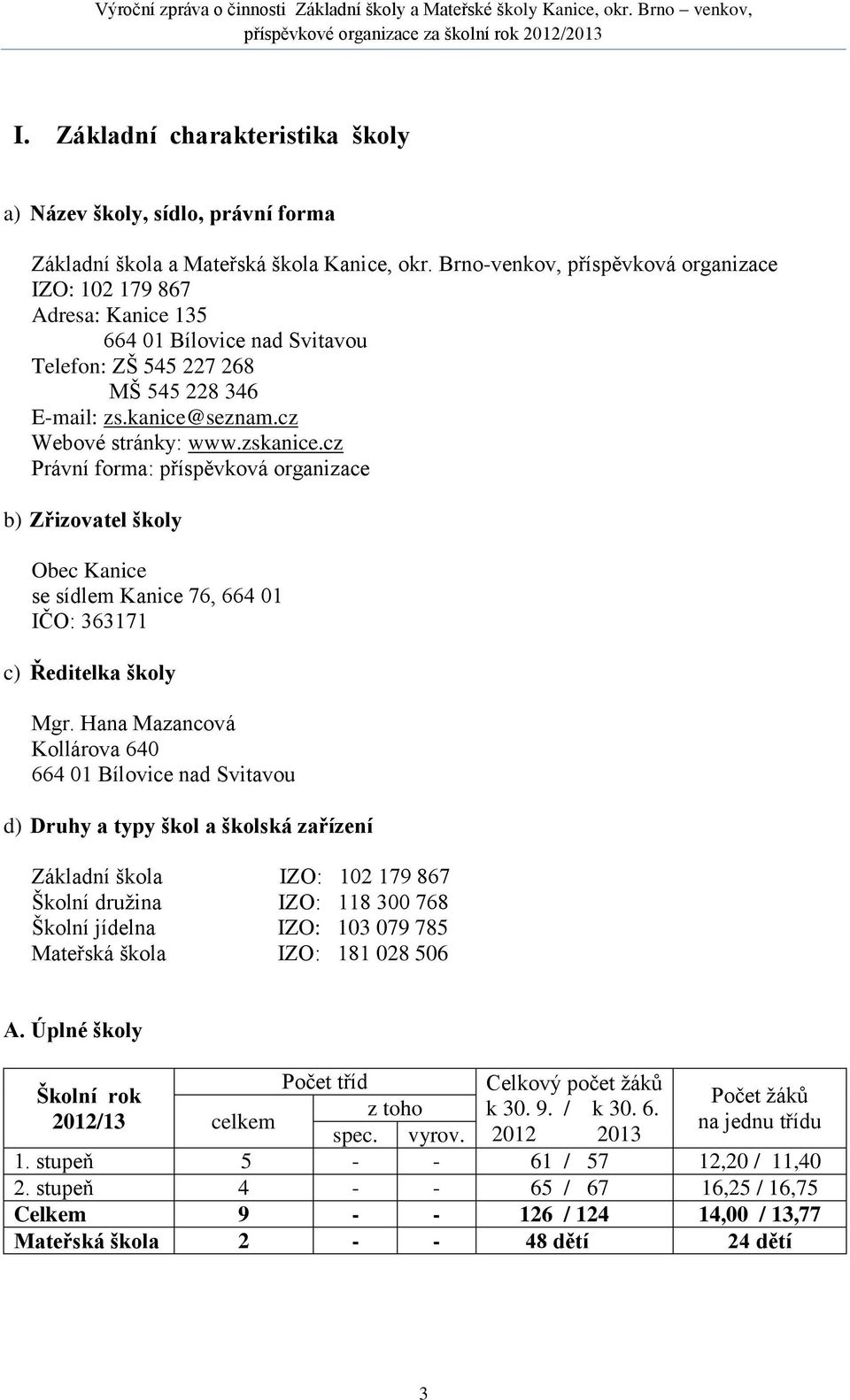 cz Právní forma: příspěvková organizace b) Zřizovatel školy Obec Kanice se sídlem Kanice 76, 664 01 IČO: 363171 c) Ředitelka školy Mgr.