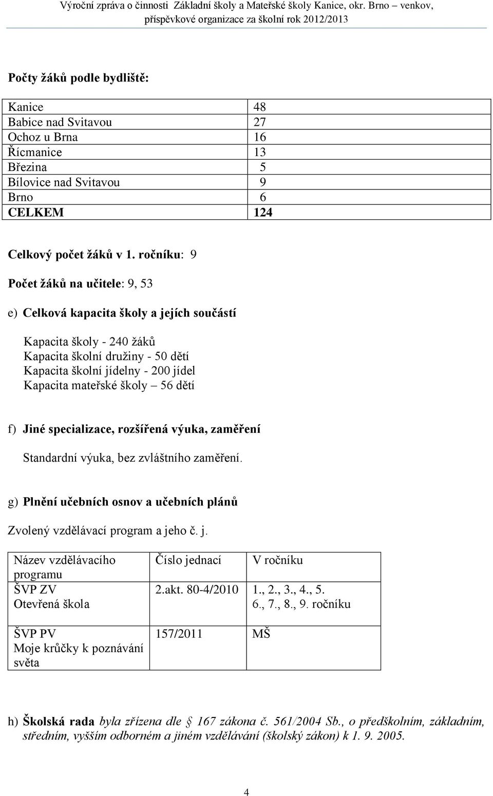 školy 56 dětí f) Jiné specializace, rozšířená výuka, zaměření Standardní výuka, bez zvláštního zaměření. g) Plnění učebních osnov a učebních plánů Zvolený vzdělávací program a je