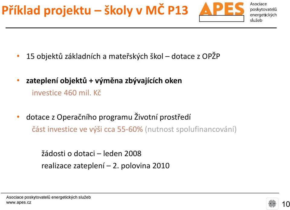 Kč dotace z Operačního programu Životní prostředí část investice ve výši cca 55