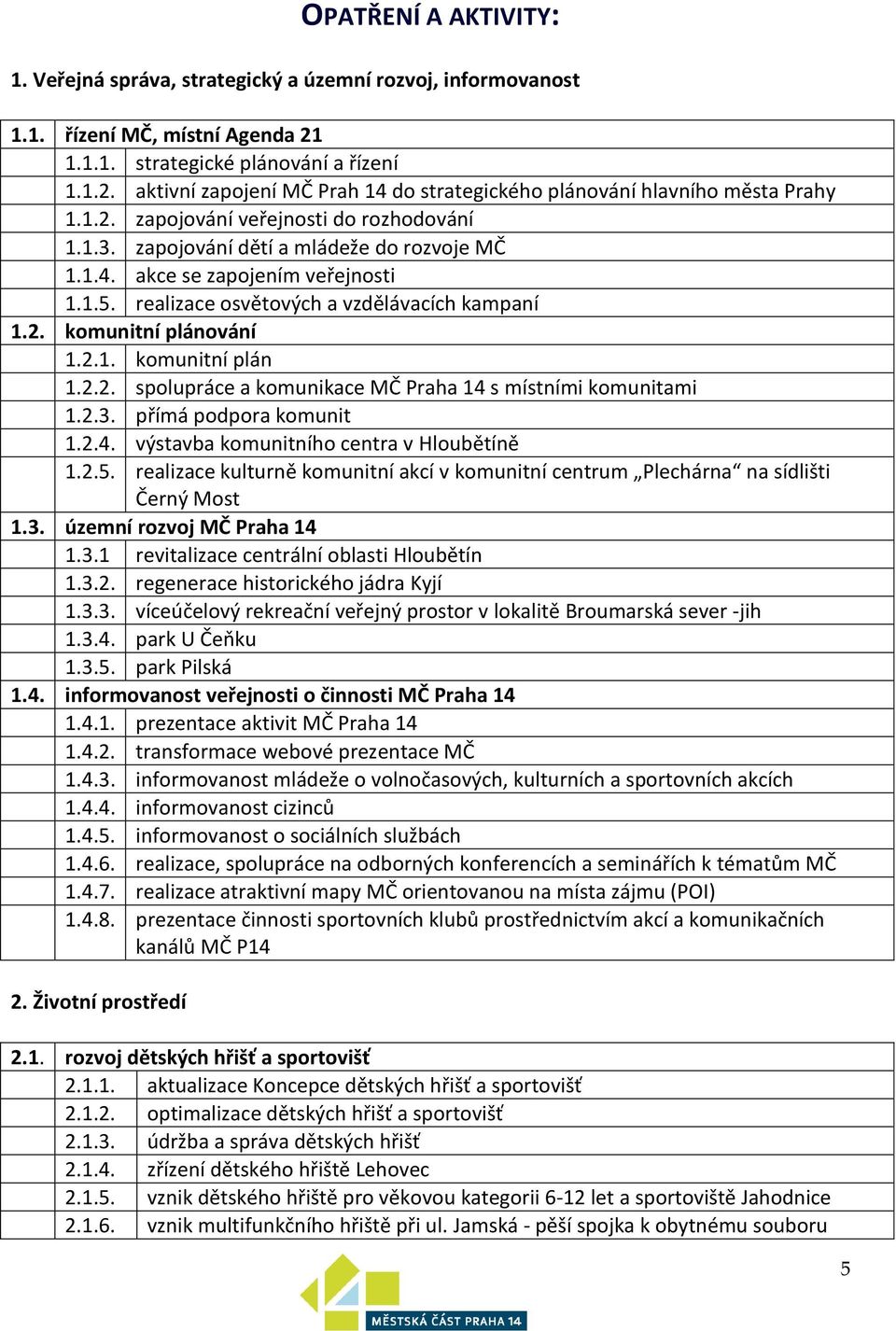 2.2. spolupráce a komunikace MČ Praha 14 s místními komunitami 1.2.3. přímá podpora komunit 1.2.4. výstavba komunitního centra v Hloubětíně 1.2.5.