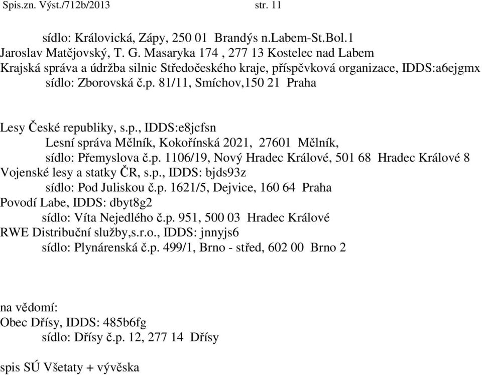 p., IDDS:e8jcfsn Lesní správa Mělník, Kokořínská 2021, 27601 Mělník, sídlo: Přemyslova č.p. 1106/19, Nový Hradec Králové, 501 68 Hradec Králové 8 Vojenské lesy a statky ČR, s.p., IDDS: bjds93z sídlo: Pod Juliskou č.