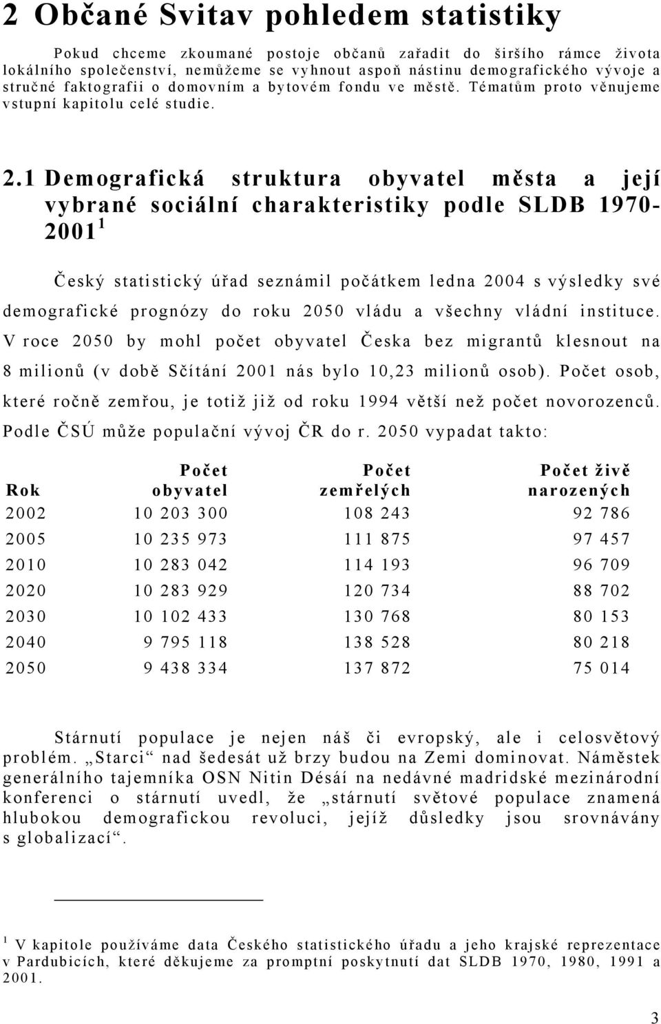 1 Demografická struktura obyvatel města a její vybrané sociální charakteristiky podle SLDB 1970-2001 1 Český statistický úřad seznámil počátkem ledna 2004 s výsledky své demografické prognózy do roku