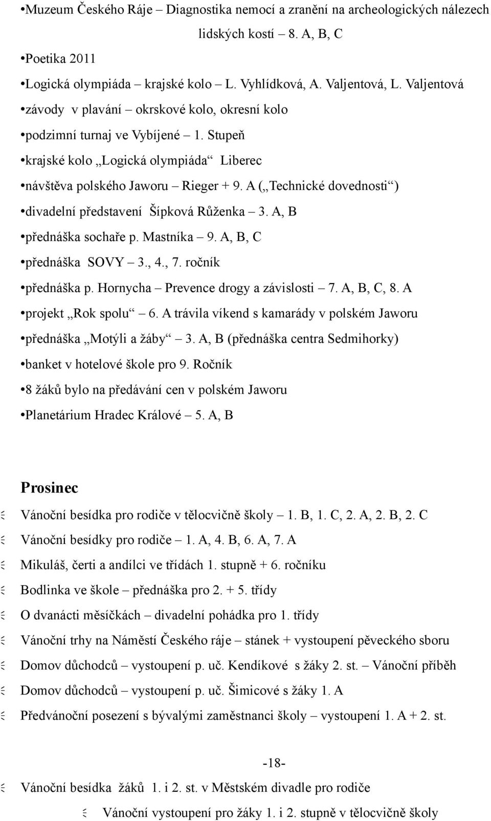 A ( Technické dovednosti ) divadelní představení Šípková Růženka 3. A, B přednáška sochaře p. Mastníka 9. A, B, C přednáška SOVY 3., 4., 7. ročník přednáška p. Hornycha Prevence drogy a závislosti 7.