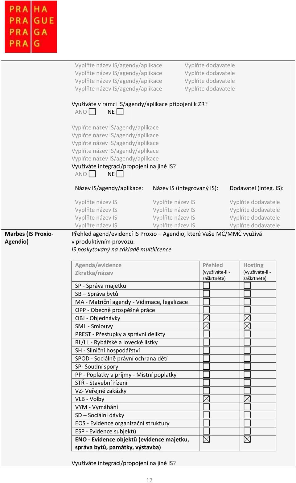 IS): Marbes (IS Proxio- Agendio) Přehled agend/evidencí IS Proxio Agendio, které Vaše MČ/MMČ využívá v produktivním provozu: IS poskytovaný na základě multilicence Agenda/evidence Zkratka/název SP -