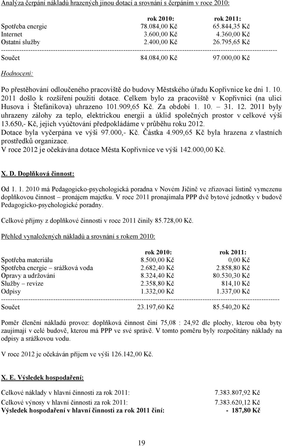 000,00 Kč Hodnocení: Po přestěhování odloučeného pracoviště do budovy Městského úřadu Kopřivnice ke dni 1. 10. 2011 došlo k rozšíření použití dotace.