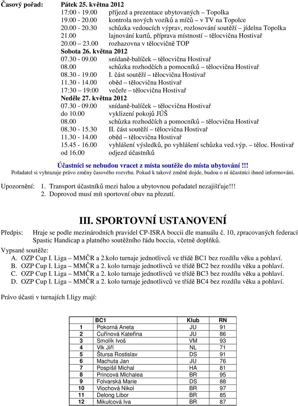 00 schůzka rozhodčích a pomocníků tělocvična Hostivař 08.30-19.00 I. část soutěží tělocvična Hostivař 11.30-14.00 oběd tělocvična Hostivař 17:30 19:00 večeře tělocvična Hostivař Neděle 27.