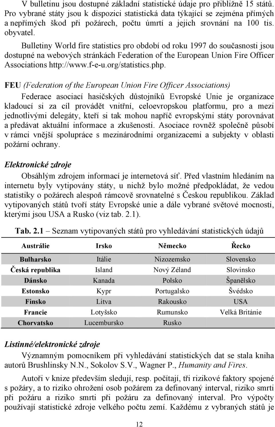 Bulletiny World fire statistics pro období od roku 1997 do současnosti jsou dostupné na webových stránkách Federation of the European Union Fire Officer Associations http://www.f-e-u.org/statistics.