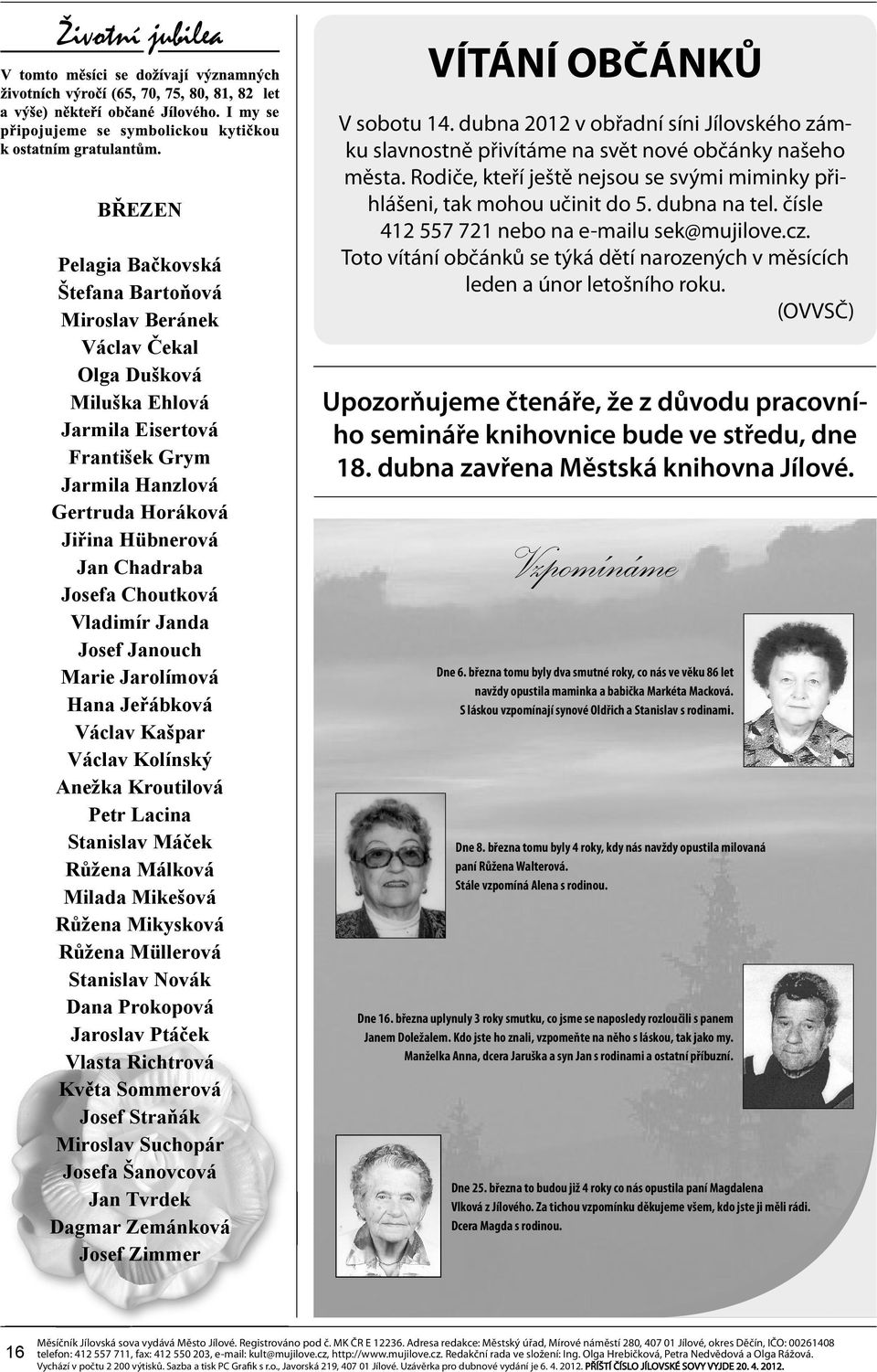 Mikešová Růžena Mikysková Růžena Müllerová Stanislav Novák Dana Prokopová Jaroslav Ptáček Vlasta Richtrová Květa Sommerová Josef Straňák Miroslav Suchopár Josefa Šanovcová Jan Tvrdek Dagmar Zemánková