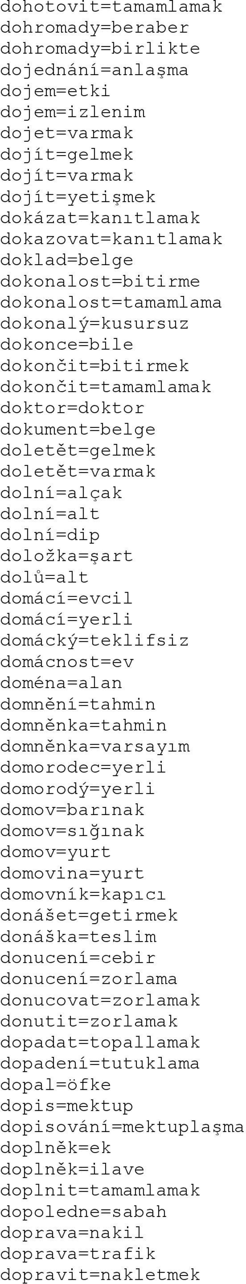 dolní=alt dolní=dip doložka=şart dolů=alt domácí=evcil domácí=yerli domácký=teklifsiz domácnost=ev doména=alan domnění=tahmin domněnka=tahmin domněnka=varsayım domorodec=yerli domorodý=yerli