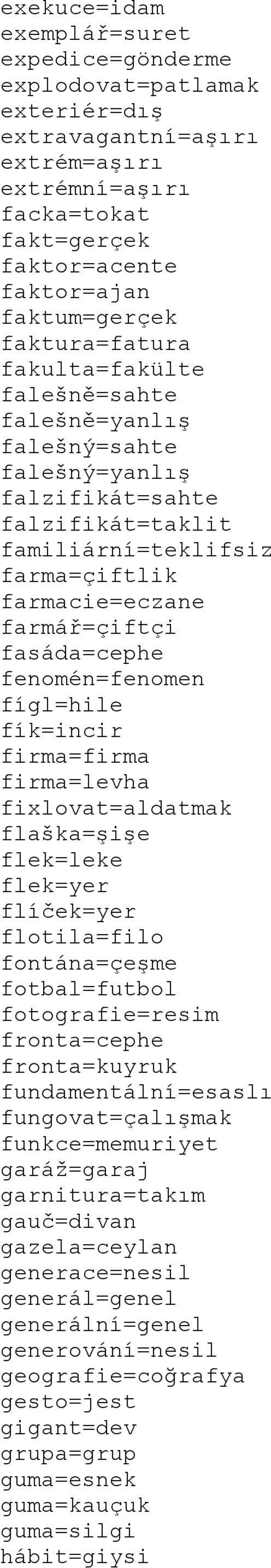 fasáda=cephe fenomén=fenomen fígl=hile fík=incir firma=firma firma=levha fixlovat=aldatmak flaška=şişe flek=leke flek=yer flíček=yer flotila=filo fontána=çeşme fotbal=futbol fotografie=resim