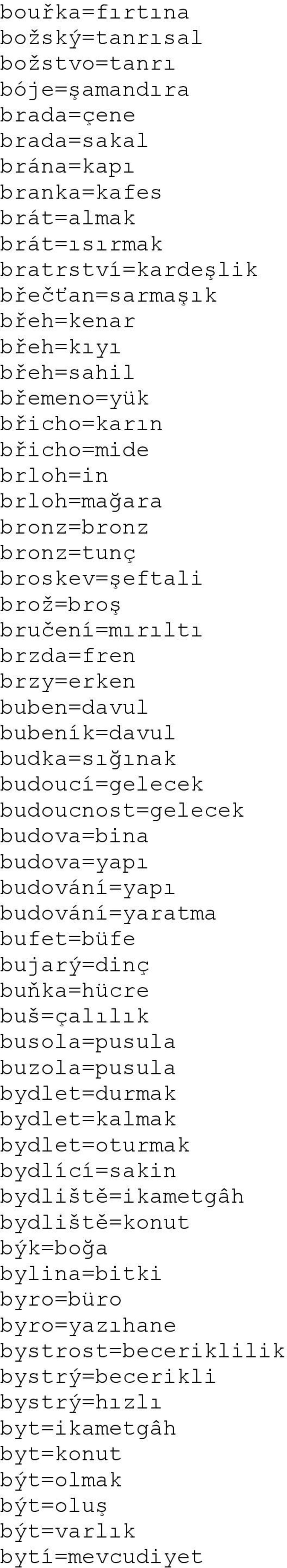 budoucí=gelecek budoucnost=gelecek budova=bina budova=yapı budování=yapı budování=yaratma bufet=büfe bujarý=dinç buňka=hücre buš=çalılık busola=pusula buzola=pusula bydlet=durmak bydlet=kalmak