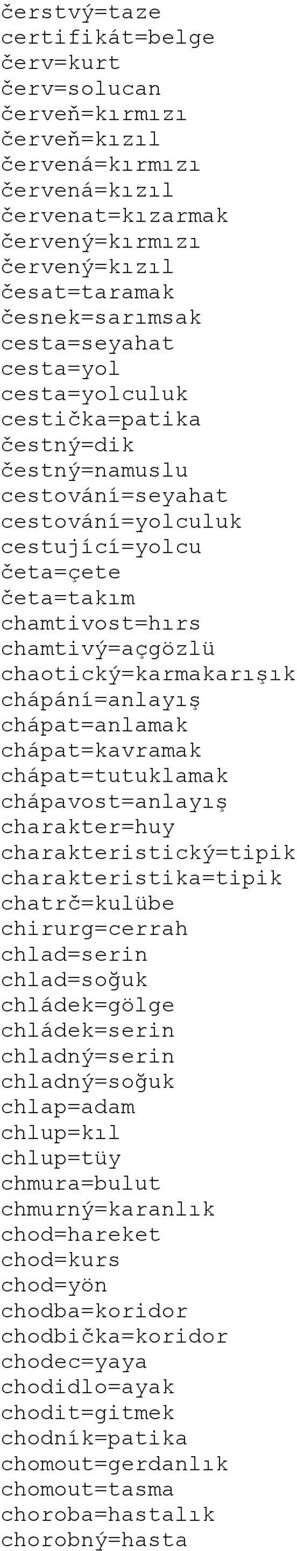 chaotický=karmakarışık chápání=anlayış chápat=anlamak chápat=kavramak chápat=tutuklamak chápavost=anlayış charakter=huy charakteristický=tipik charakteristika=tipik chatrč=kulübe chirurg=cerrah