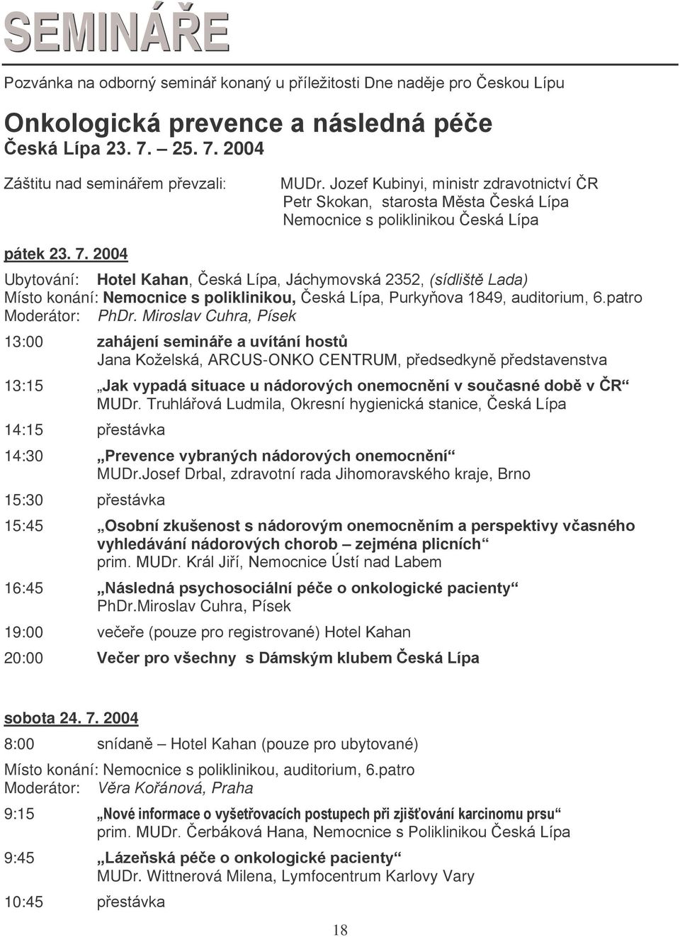 2004 Ubytování: Hotel Kahan, Česká Lípa, Jáchymovská 2352, (sídliště Lada) Místo konání: Nemocnice s poliklinikou, Česká Lípa, Purkyňova 1849, auditorium, 6.patro Moderátor: PhDr.