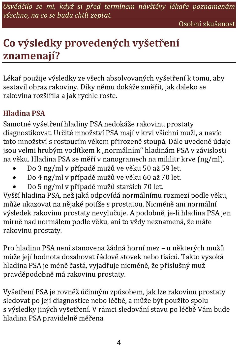 Hladina PSA Samotné vyšetření hladiny PSA nedokáže rakovinu prostaty diagnostikovat. Určité množství PSA mají v krvi všichni muži, a navíc toto množství s rostoucím věkem přirozeně stoupá.