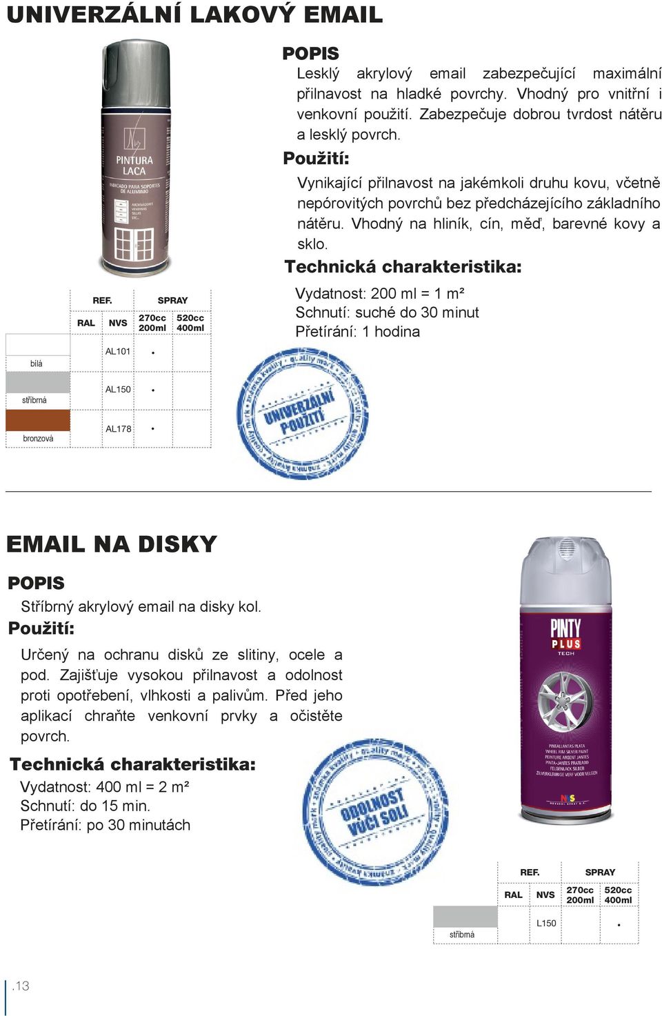 Vhodný na hliník, cín, měď, barevné kovy a sklo. Vydatnost: 200 ml = 1 m² Schnutí: suché do 30 minut Přetírání: 1 hodina EMAIL NA DISKY Stříbrný akrylový email na disky kol.