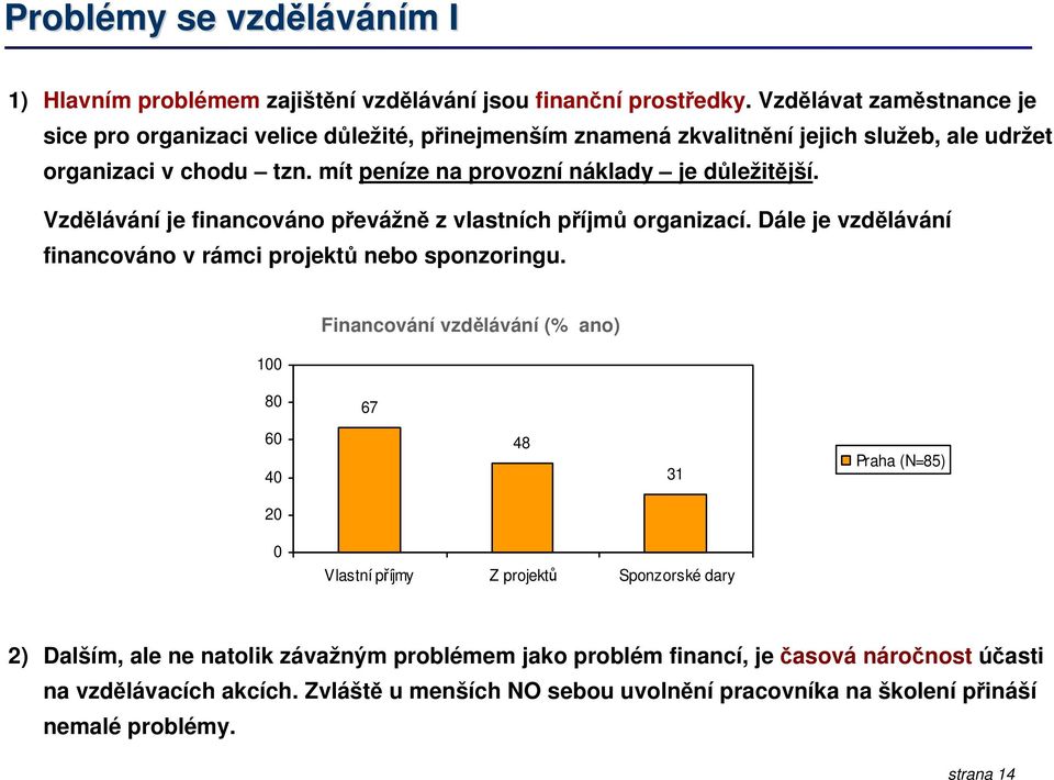 mít peníze na provozní náklady je důležitější. Vzdělávání je financováno převážně z vlastních příjmů organizací. Dále je vzdělávání financováno v rámci projektů nebo sponzoringu.