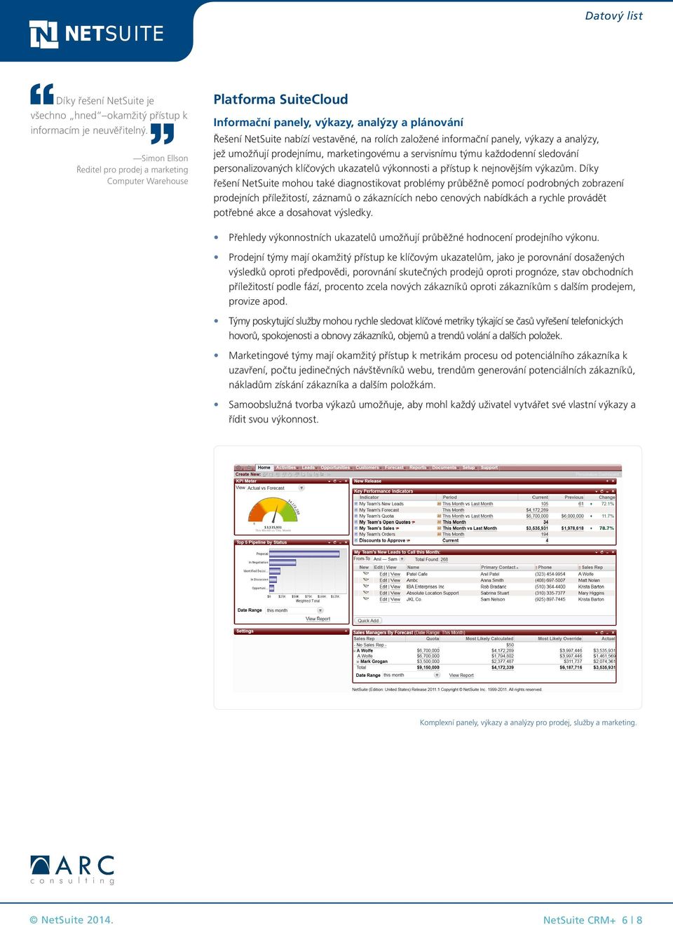 panely, výkazy a analýzy, jež umožňují prodejnímu, marketingovému a servisnímu týmu každodenní sledování personalizovaných klíčových ukazatelů výkonnosti a přístup k nejnovějším výkazům.