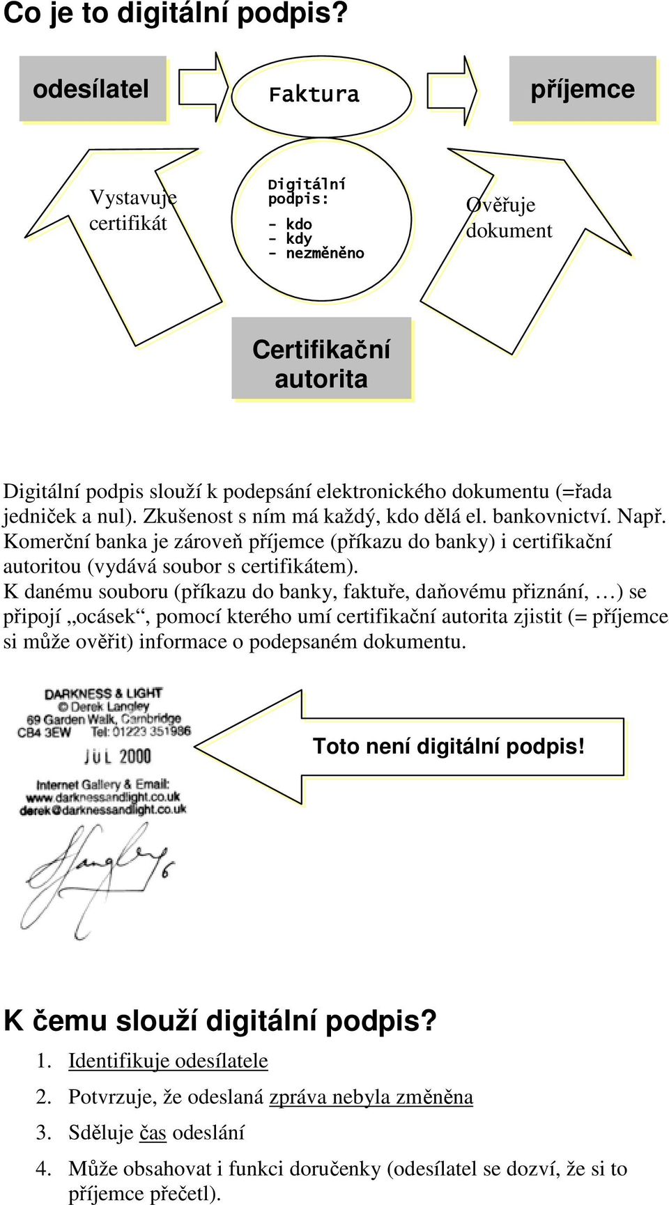 jedniček a nul). Zkušenost s ním má každý, kdo dělá el. bankovnictví. Např. Komerční banka je zároveň příjemce (příkazu do banky) i certifikační autoritou (vydává soubor s certifikátem).