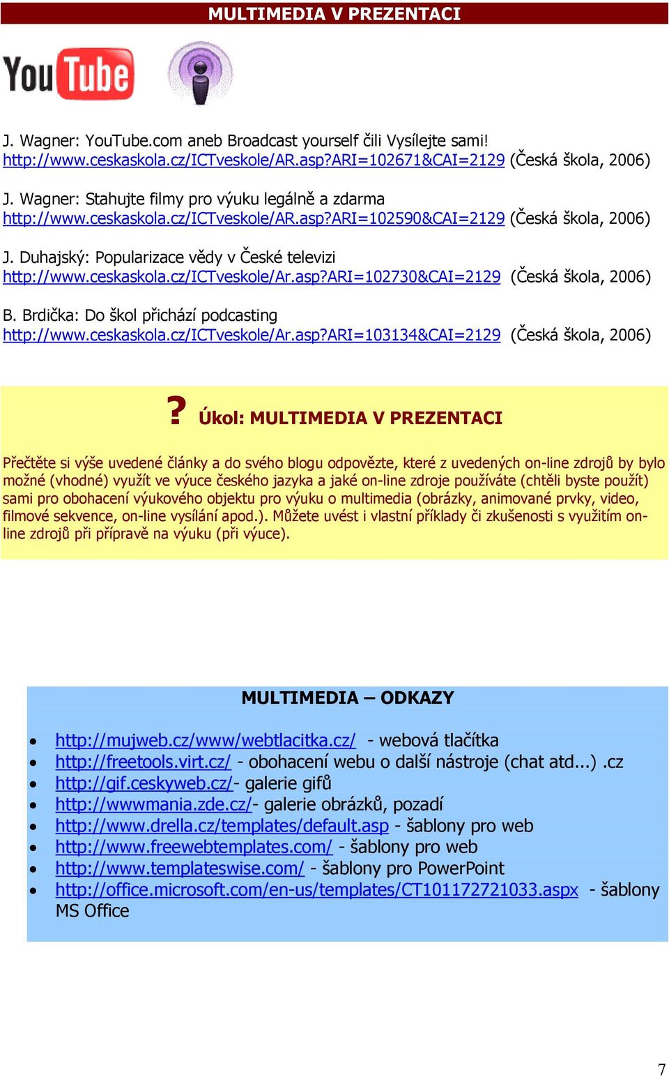 ceskaskola.cz/ictveskole/ar.asp?ari=102730&cai=2129 (Česká škola, 2006) B. Brdička: Do škol přichází podcasting http://www.ceskaskola.cz/ictveskole/ar.asp?ari=103134&cai=2129 (Česká škola, 2006)?