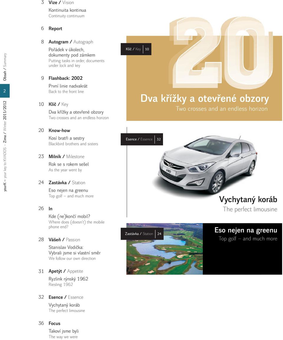 and an endless horizon Know-how Kosí bratři a sestry Blackbird brothers and sisters Milník / Milestone Rok se s rokem sešel As the year went by Zastávka / Station Eso nejen na greenu Top golf and
