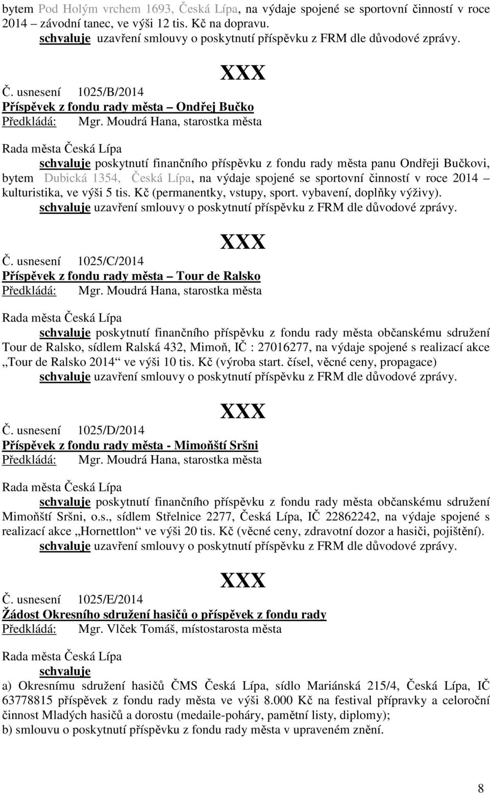 usnesení 1025/B/2014 Příspěvek z fondu rady města Ondřej Bučko schvaluje poskytnutí finančního příspěvku z fondu rady města panu Ondřeji Bučkovi, bytem Dubická 1354, Česká Lípa, na výdaje spojené se